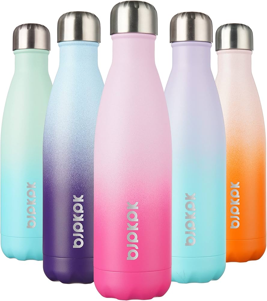 Pink kids rainbow metallic water bottles